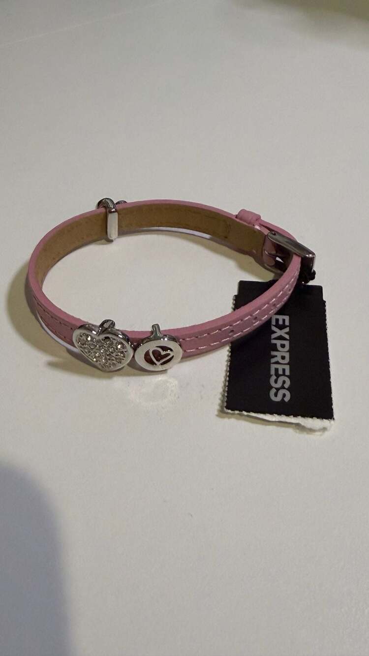 Express Pink Leather Heart Charm Bracelet with Rhinestones